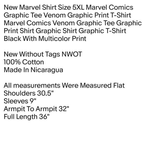New Marvel Shirt Size 5XL Marvel Comics Graphic Tee Venom Graphic Print T-Shirt - Picture 2 of 7